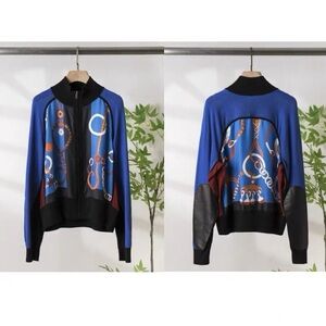 Boutique-Quality Silk -Wool Horse Bit Print Blue Black Jacket